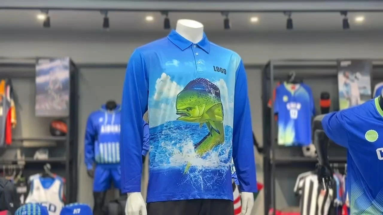 Chemises de pêche par sublimation thermique conçues sur mesure pour votre marque. chemises de pêche SPF à manches longues avec col, restez au frais et protégé du soleil grâce à notre haute qualité 1